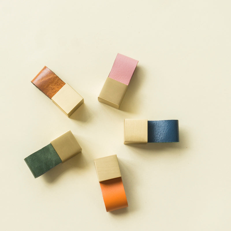 Block brass leather drawer handle